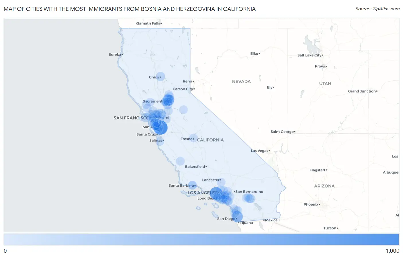 Cities with the Most Immigrants from Bosnia and Herzegovina in California Map