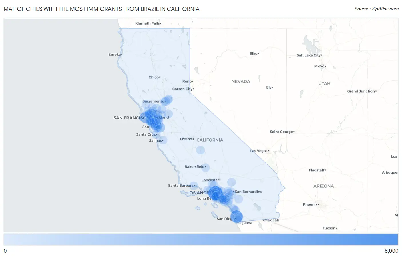 Cities with the Most Immigrants from Brazil in California Map