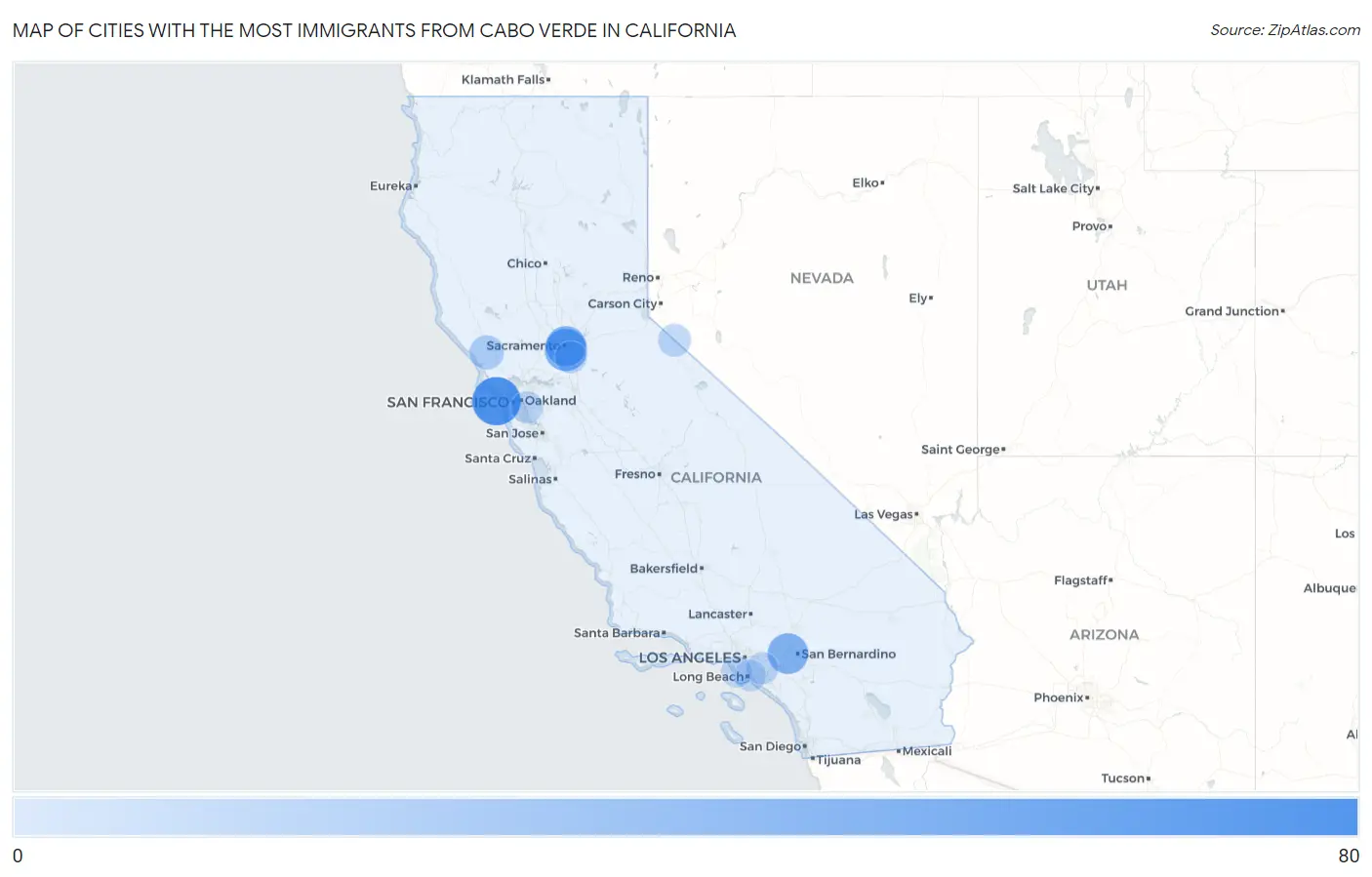 Cities with the Most Immigrants from Cabo Verde in California Map