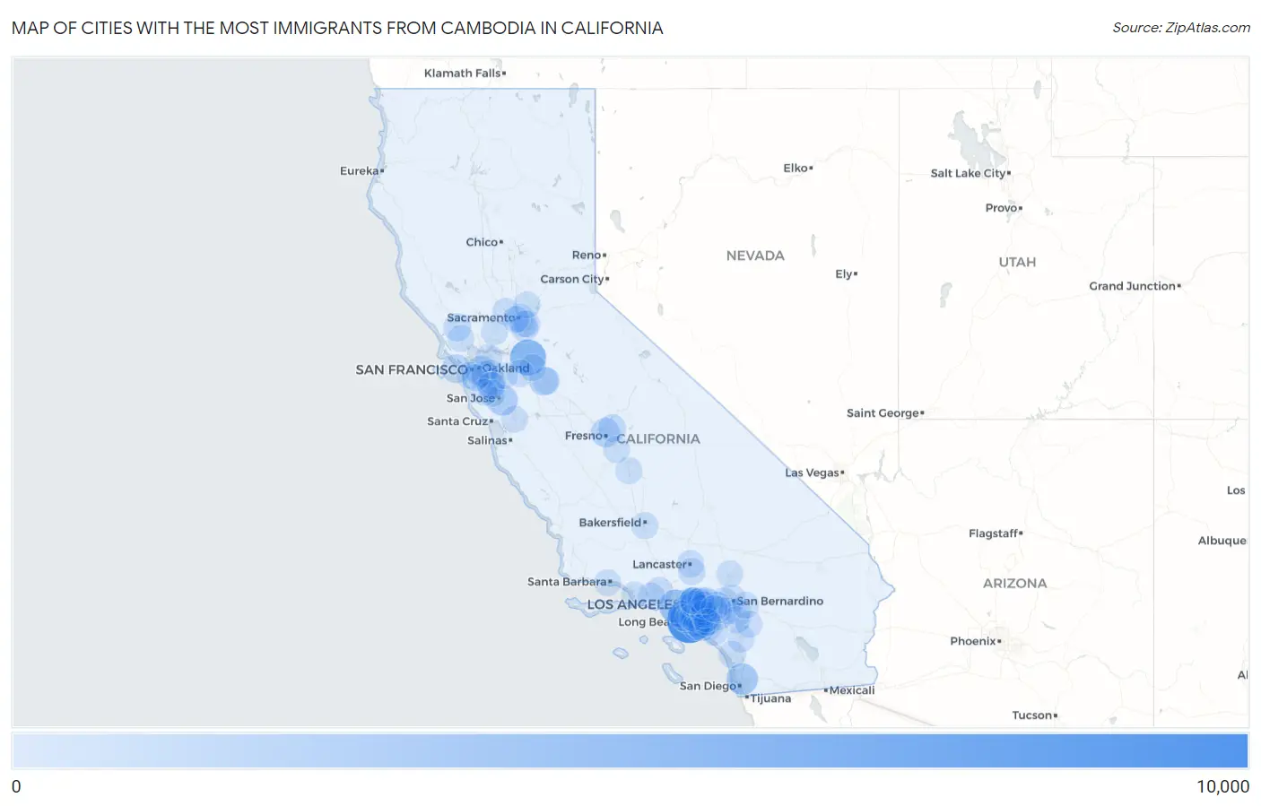 Cities with the Most Immigrants from Cambodia in California Map