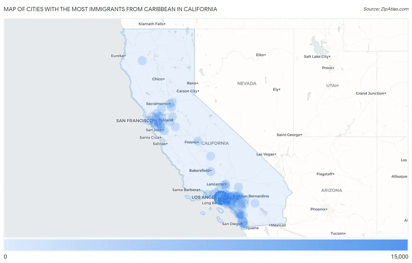 Cities with the Most Immigrants from Caribbean in California Map
