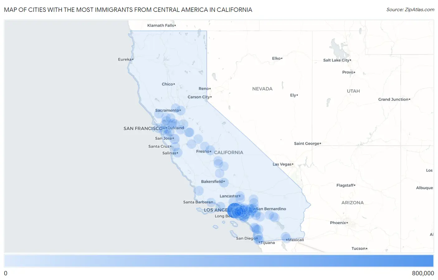 Cities with the Most Immigrants from Central America in California Map