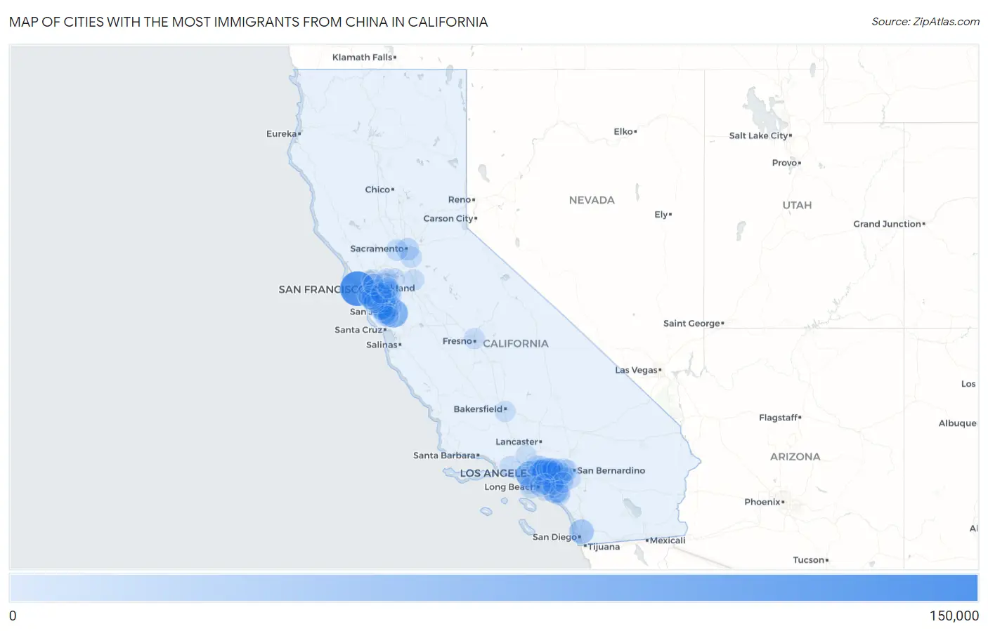 Cities with the Most Immigrants from China in California Map