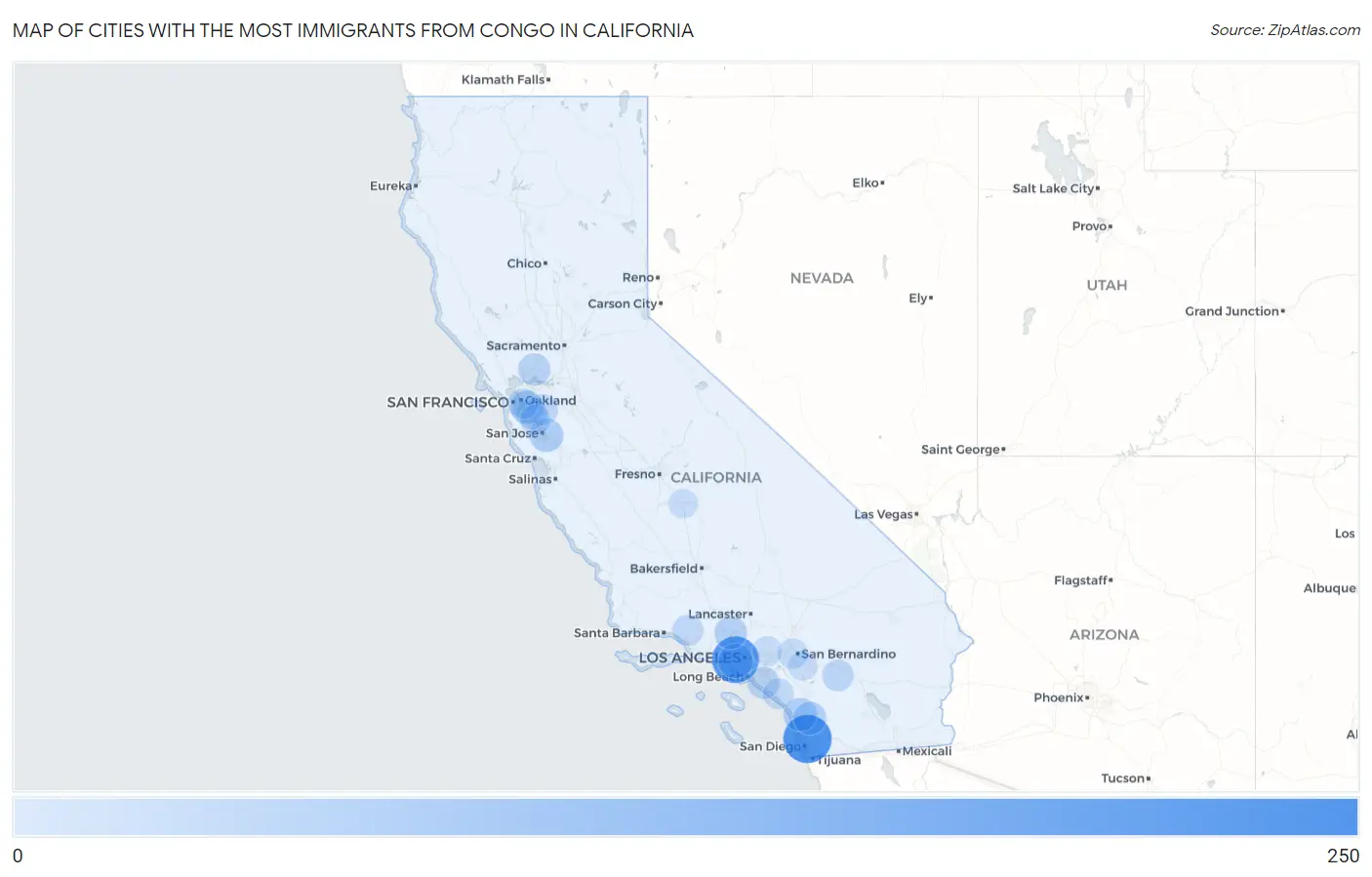 Cities with the Most Immigrants from Congo in California Map
