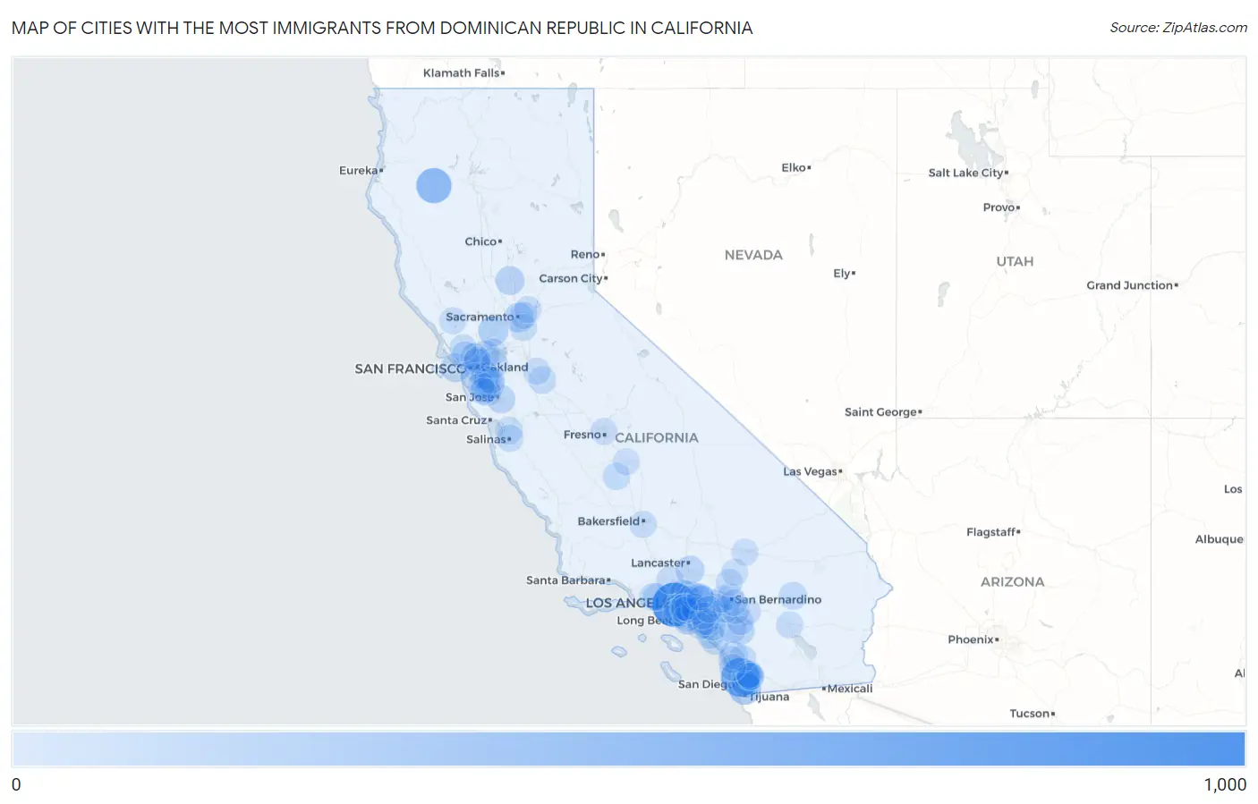 Cities with the Most Immigrants from Dominican Republic in California Map