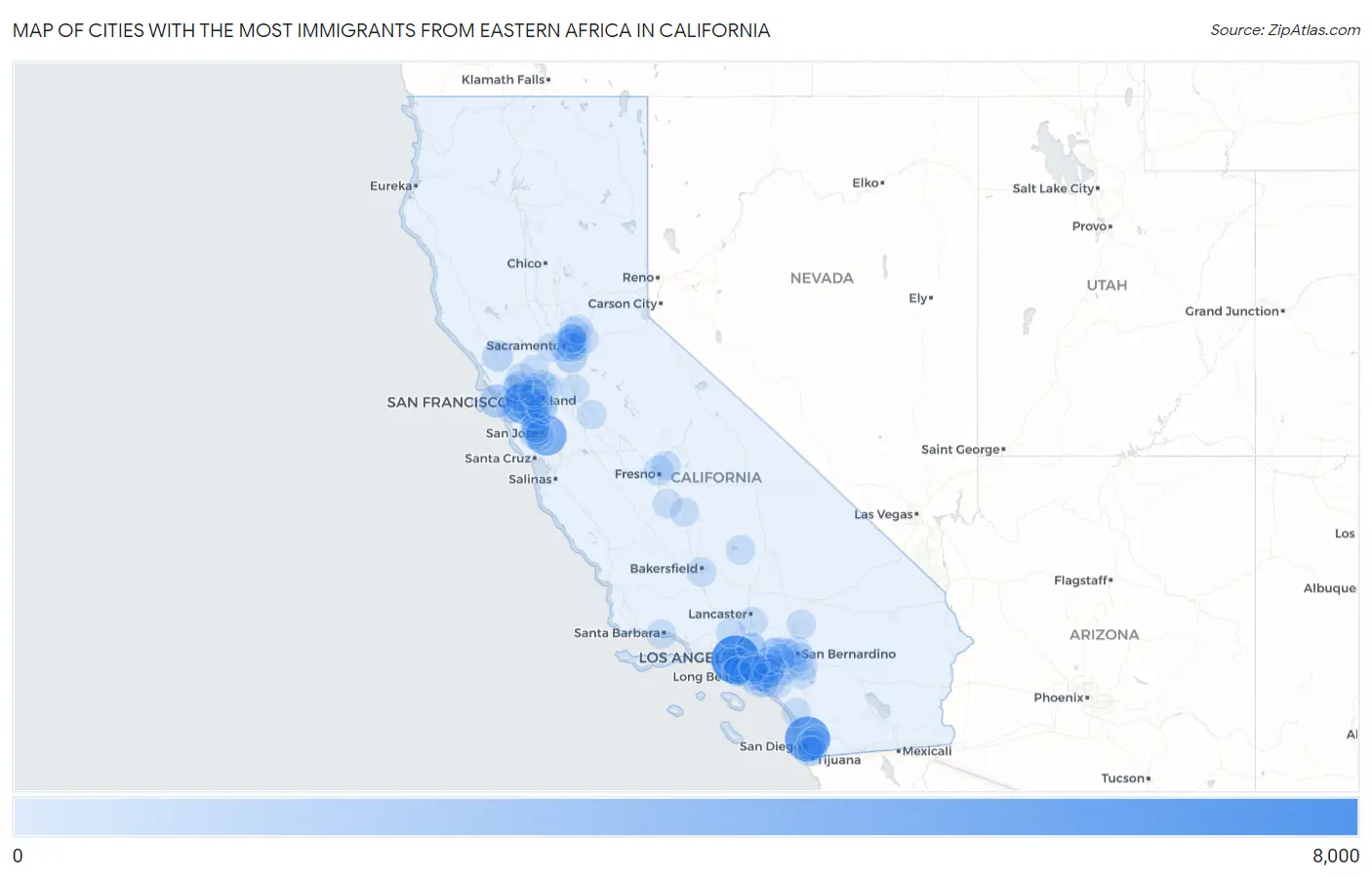 Cities with the Most Immigrants from Eastern Africa in California Map