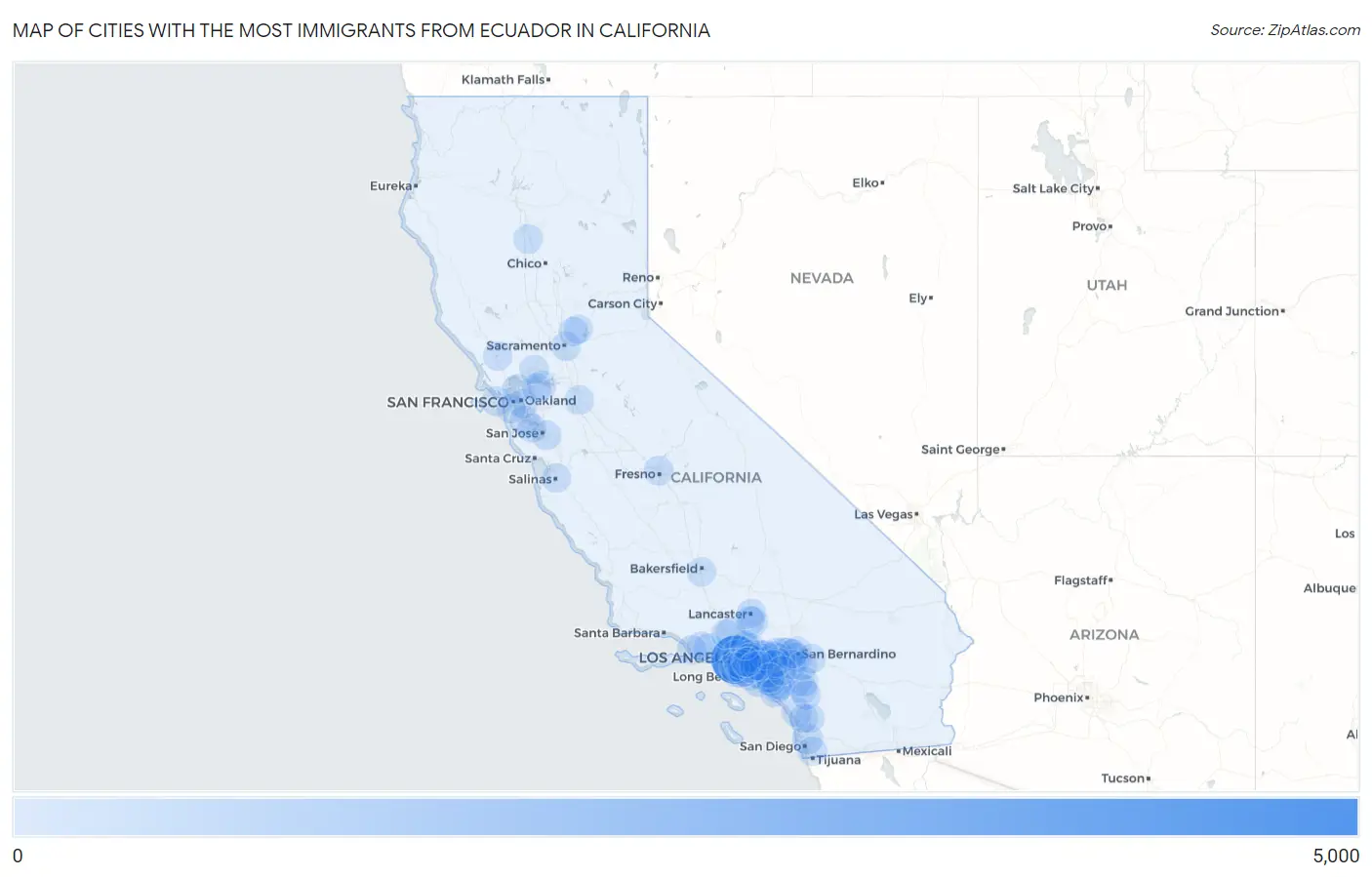 Cities with the Most Immigrants from Ecuador in California Map