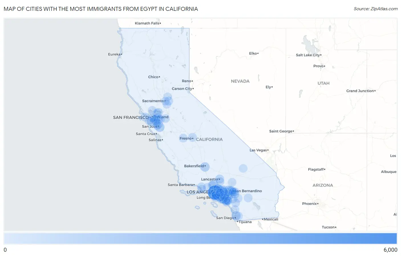 Cities with the Most Immigrants from Egypt in California Map