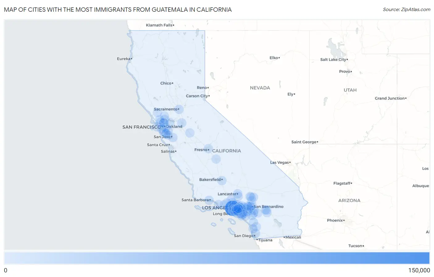 Cities with the Most Immigrants from Guatemala in California Map