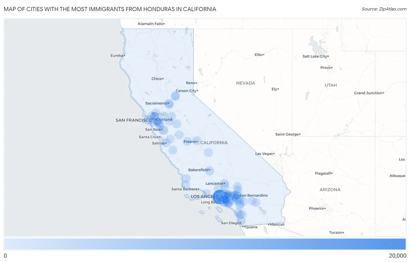 Cities with the Most Immigrants from Honduras in California Map