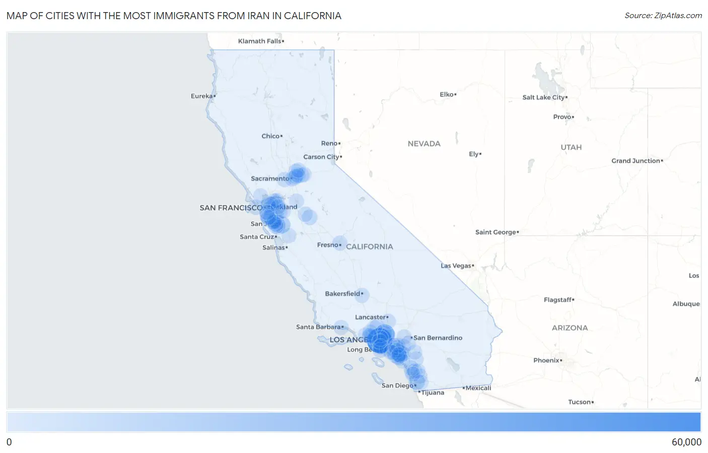 Cities with the Most Immigrants from Iran in California Map
