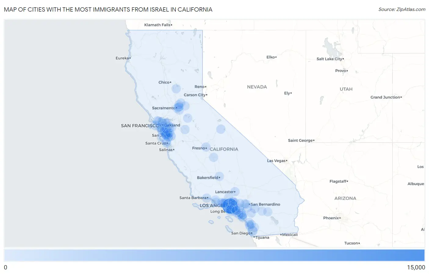 Cities with the Most Immigrants from Israel in California Map