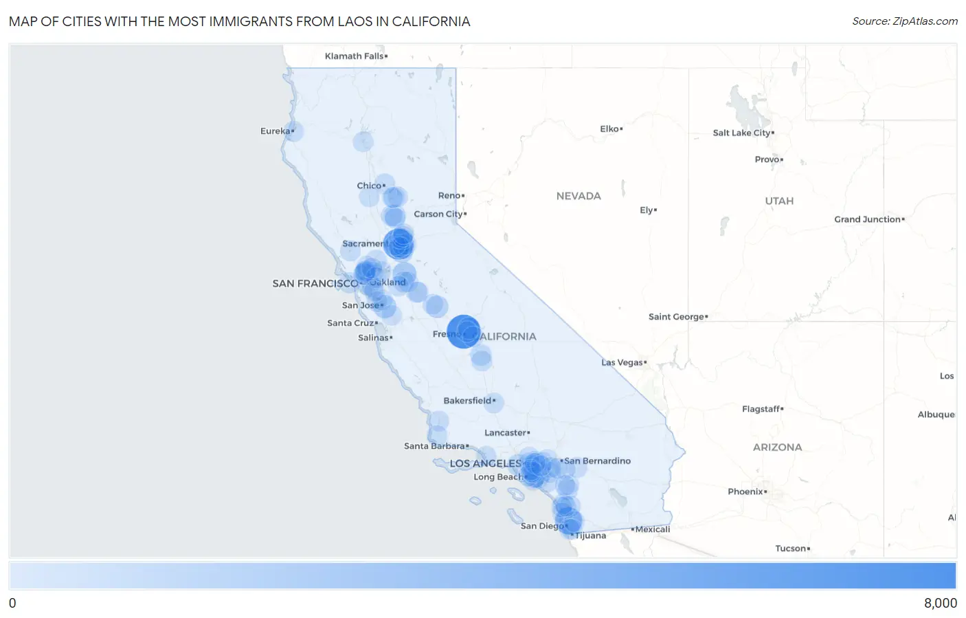 Cities with the Most Immigrants from Laos in California Map