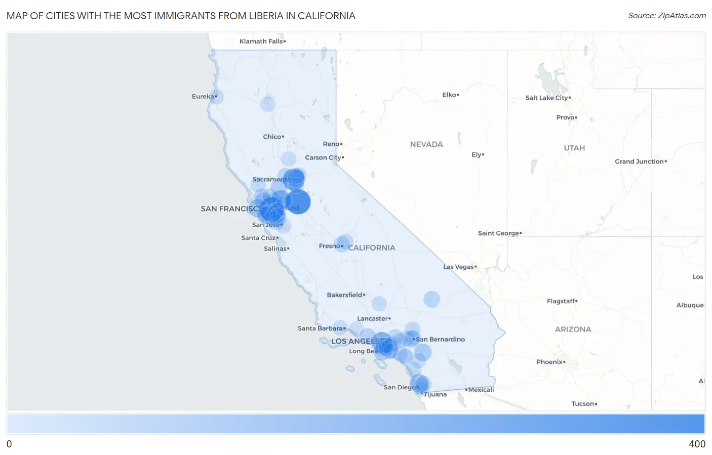 Cities with the Most Immigrants from Liberia in California Map