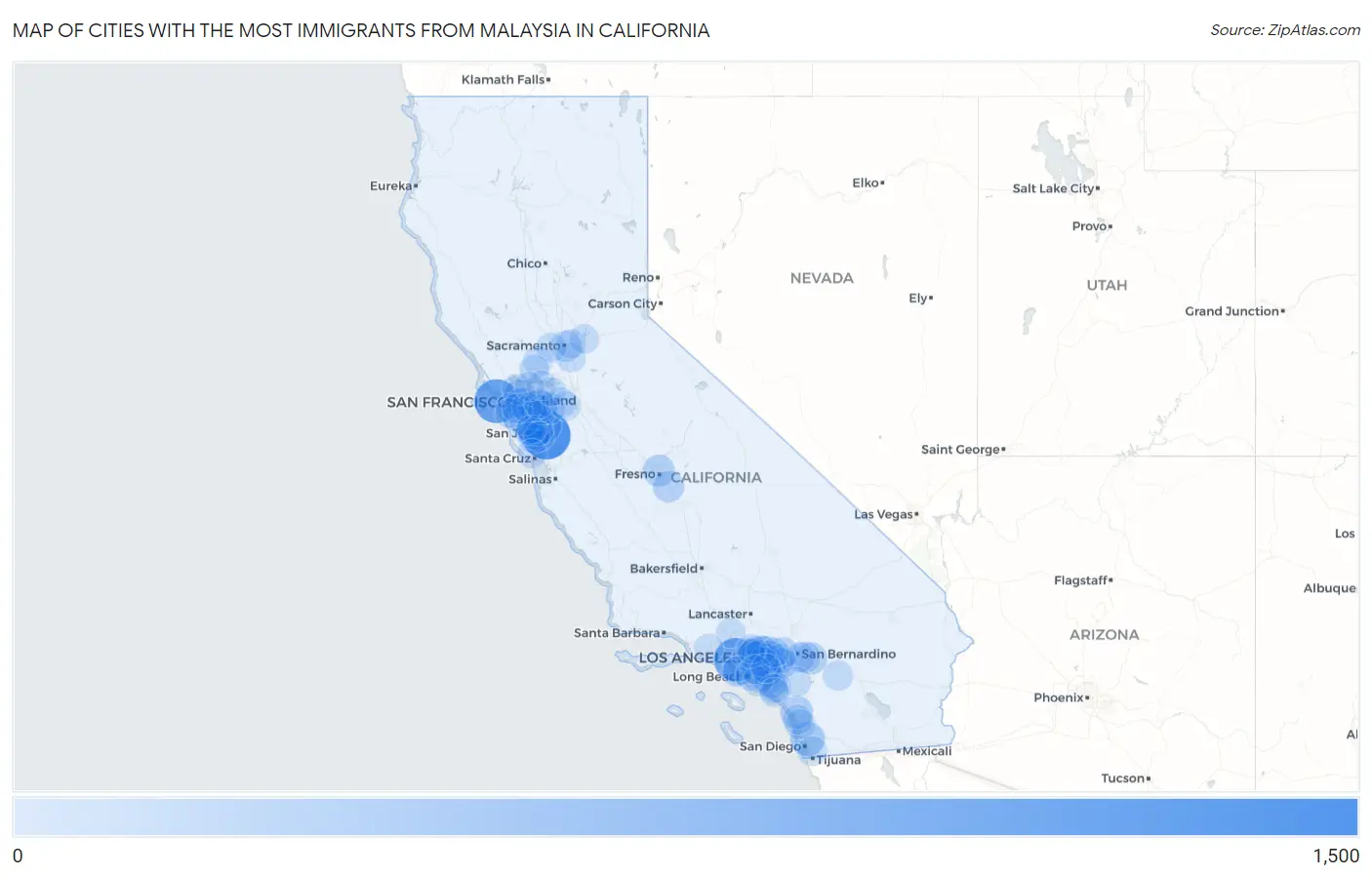 Cities with the Most Immigrants from Malaysia in California Map