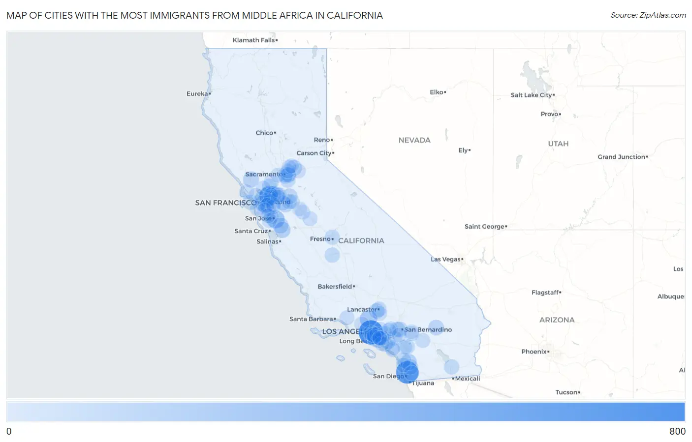 Cities with the Most Immigrants from Middle Africa in California Map