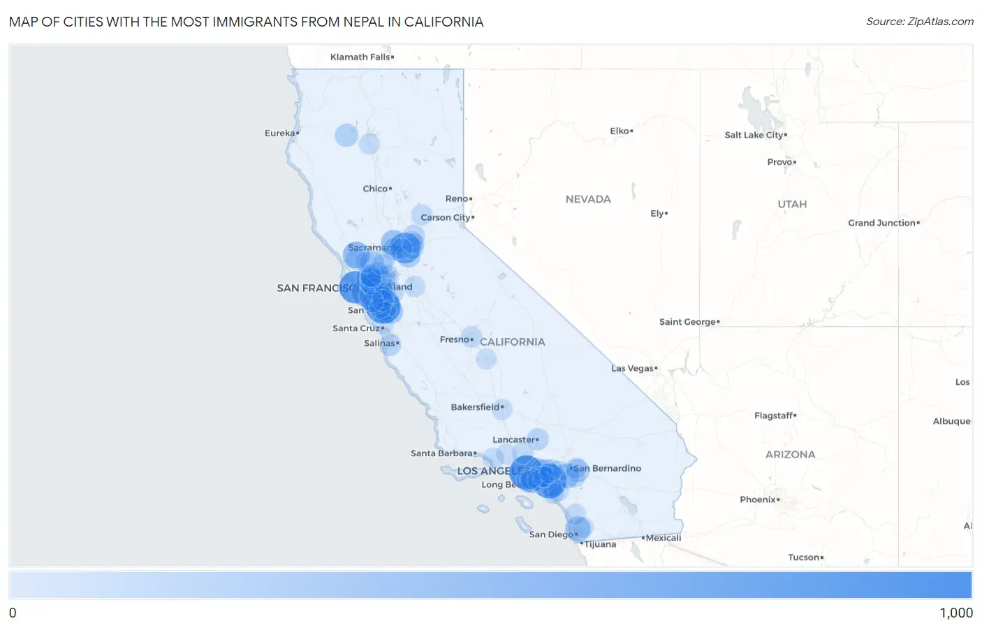 Cities with the Most Immigrants from Nepal in California Map