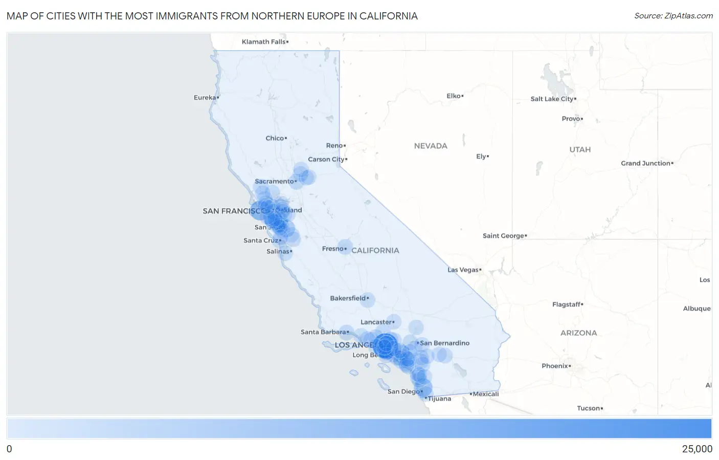 Cities with the Most Immigrants from Northern Europe in California Map
