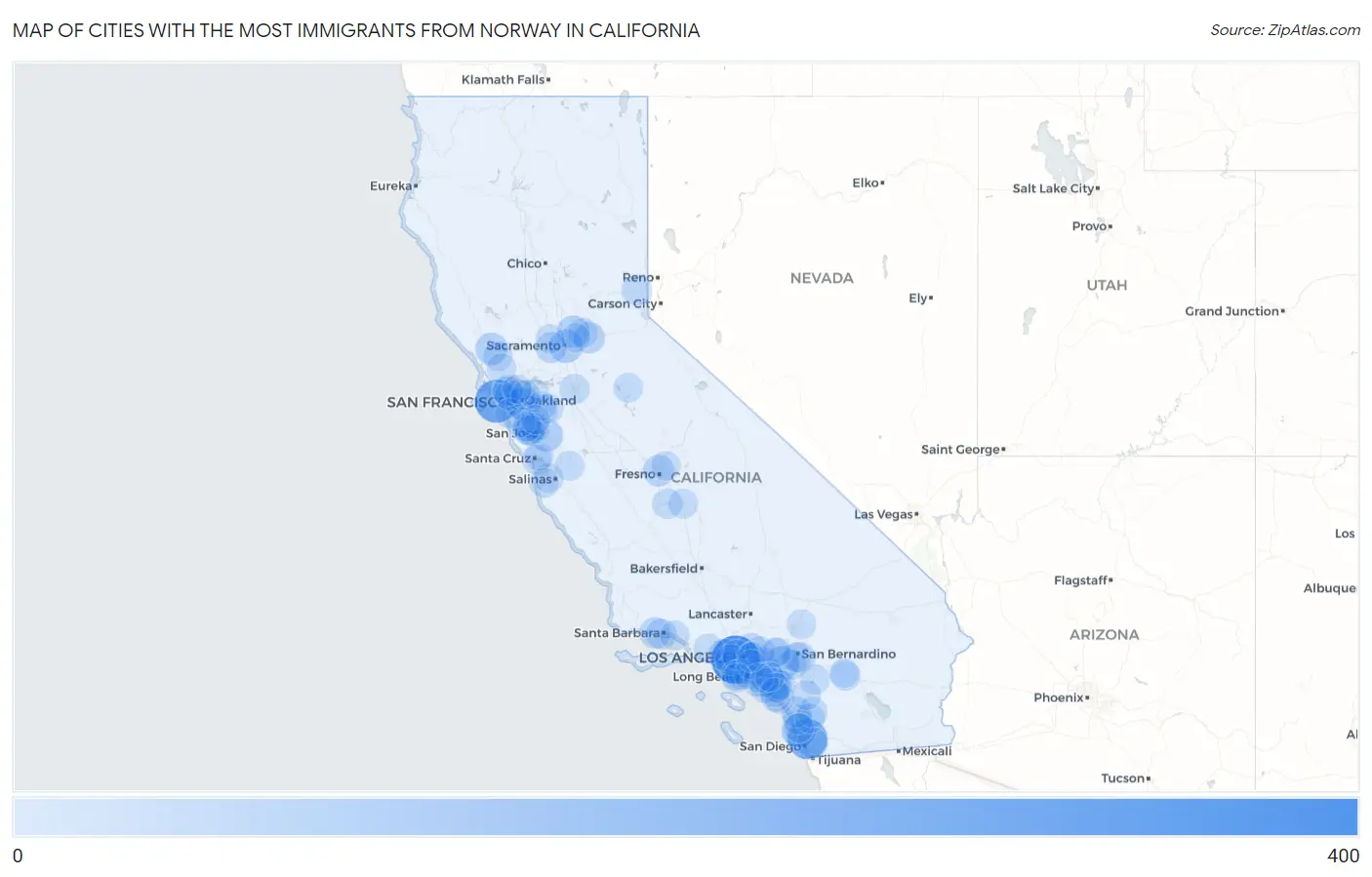 Cities with the Most Immigrants from Norway in California Map