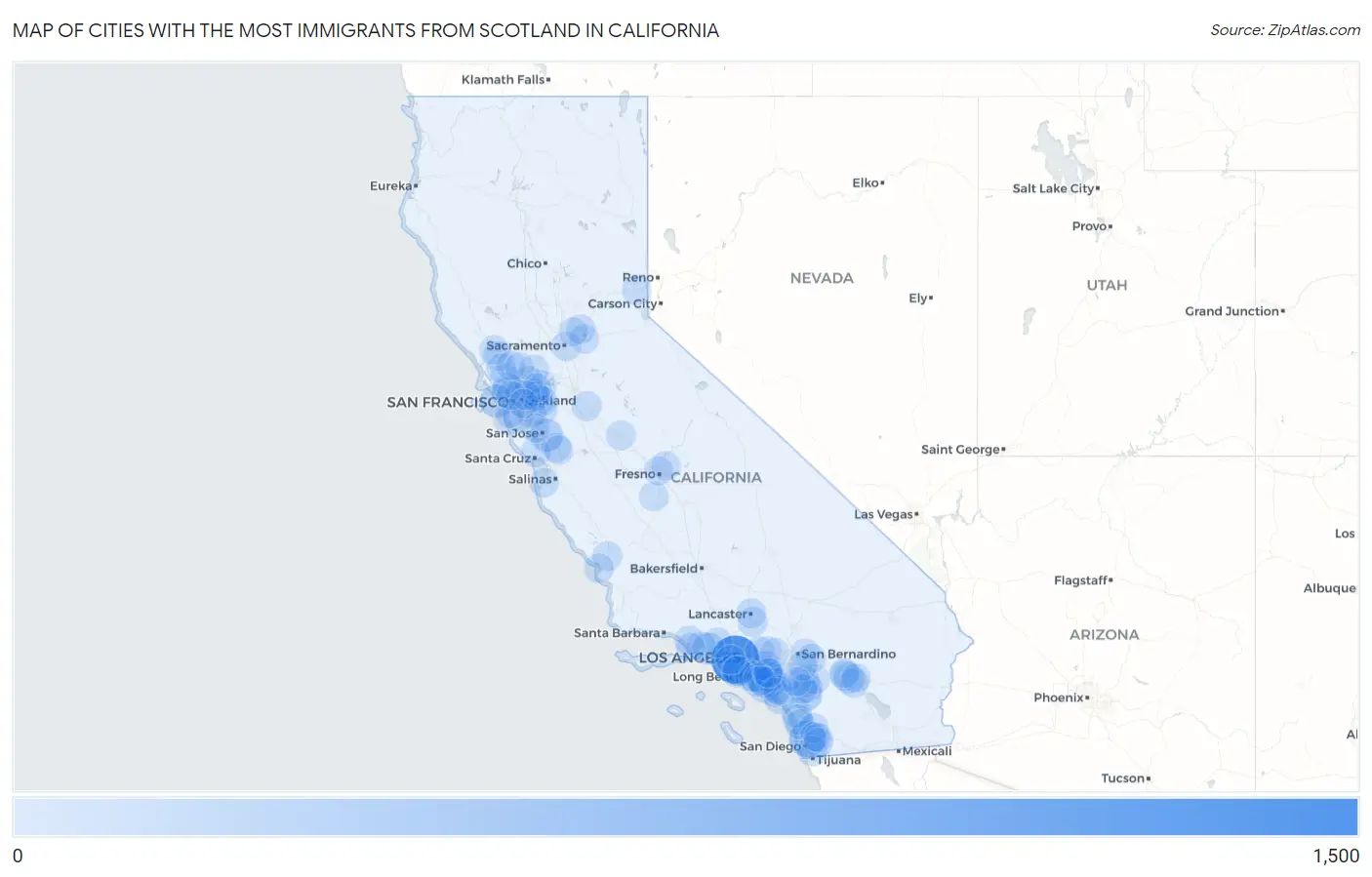 Cities with the Most Immigrants from Scotland in California Map