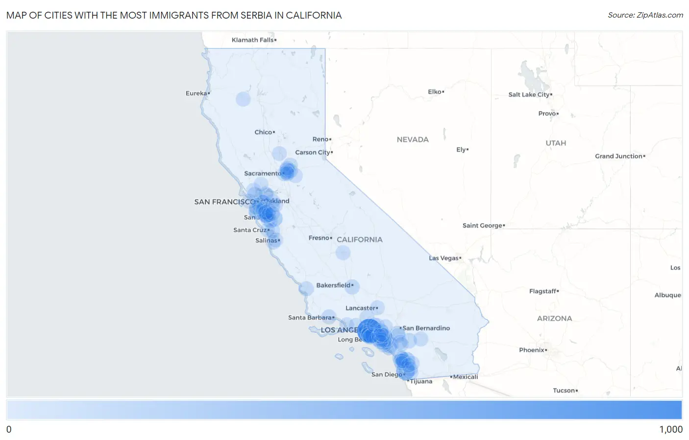 Cities with the Most Immigrants from Serbia in California Map