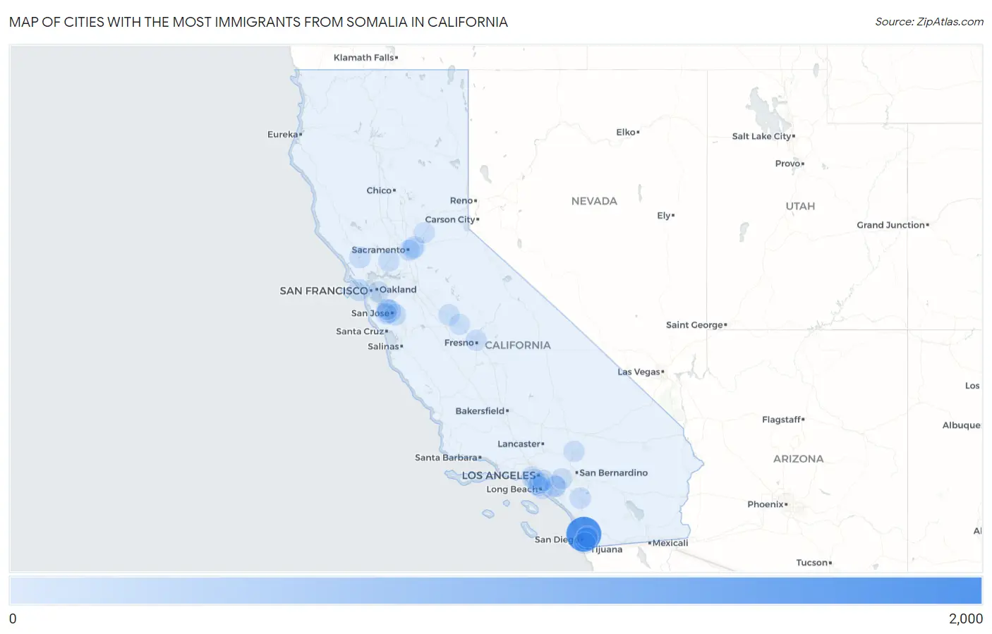 Cities with the Most Immigrants from Somalia in California Map