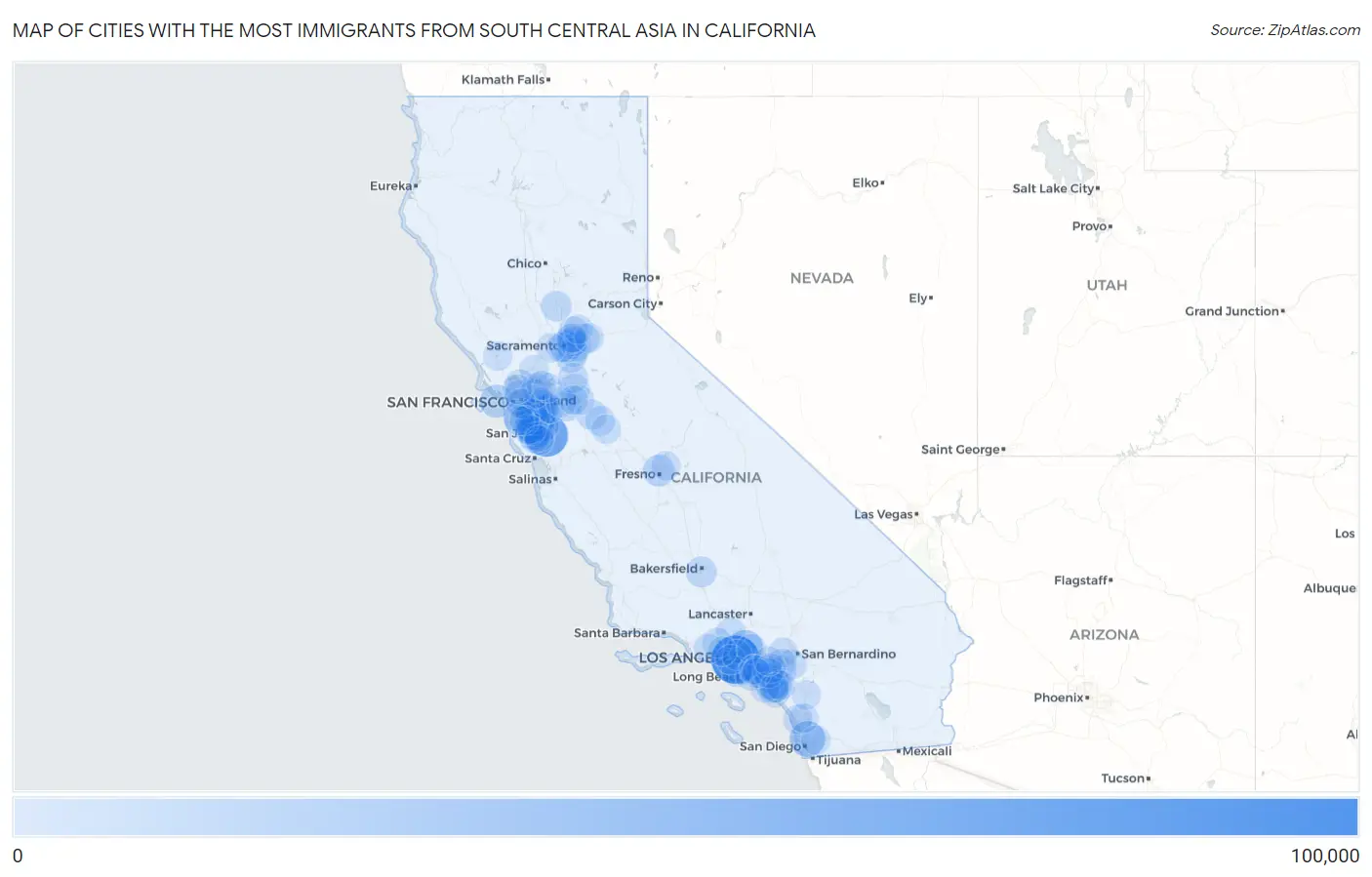 Cities with the Most Immigrants from South Central Asia in California Map