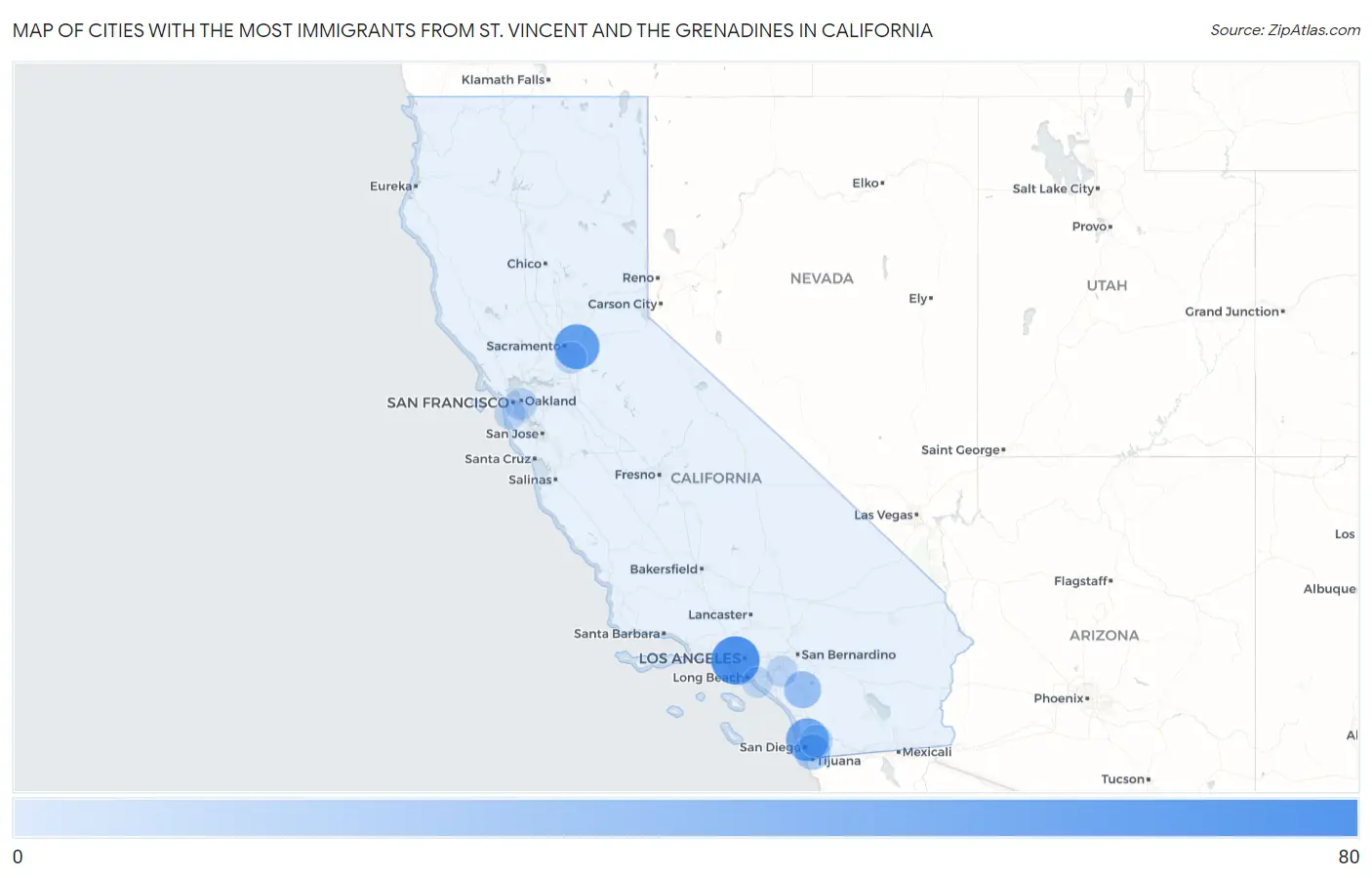 Cities with the Most Immigrants from St. Vincent and the Grenadines in California Map