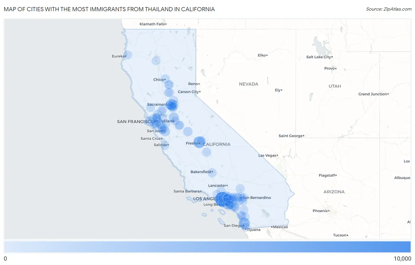 Cities with the Most Immigrants from Thailand in California Map
