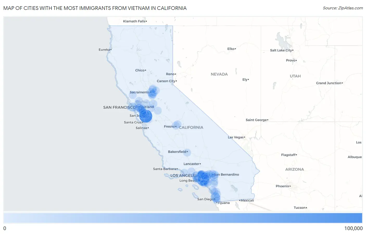 Cities with the Most Immigrants from Vietnam in California Map