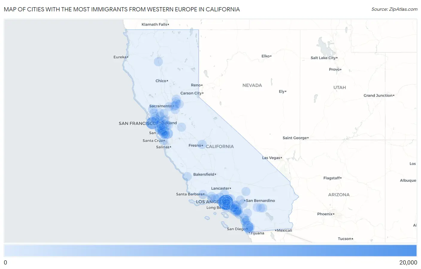 Cities with the Most Immigrants from Western Europe in California Map