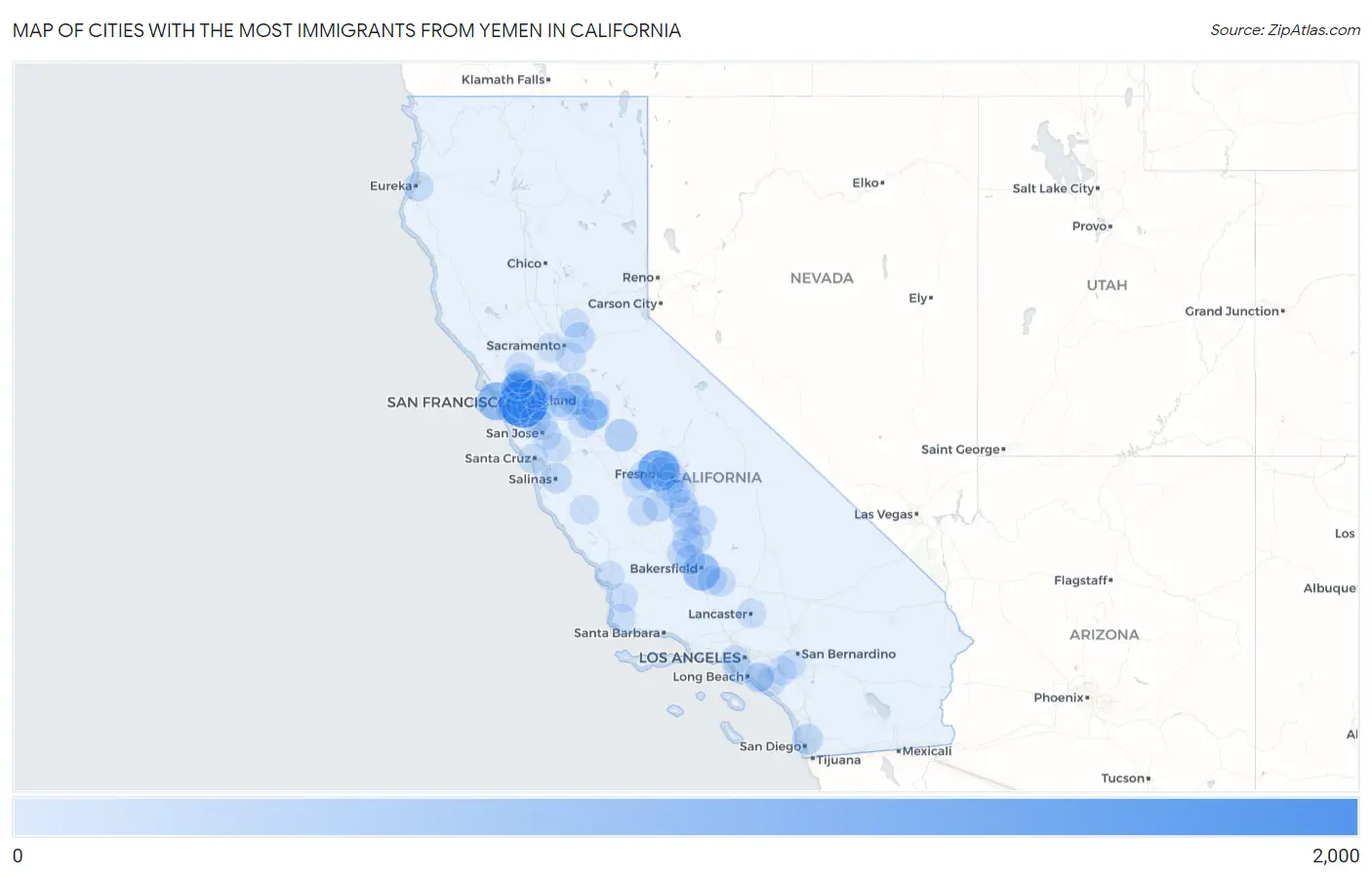 Cities with the Most Immigrants from Yemen in California Map