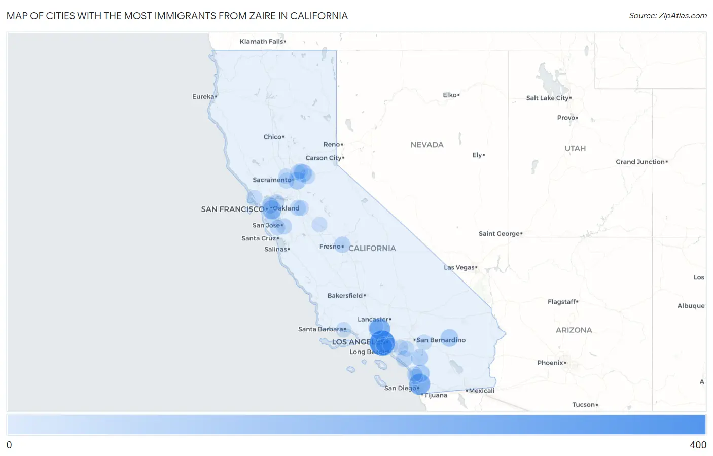Cities with the Most Immigrants from Zaire in California Map