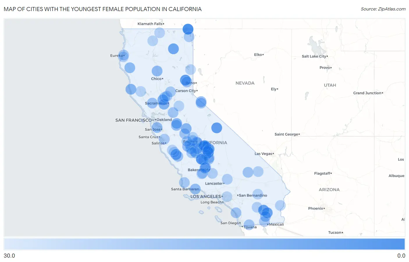 Cities with the Youngest Female Population in California Map