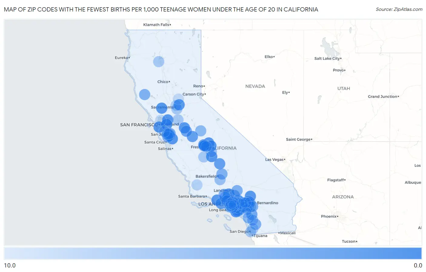 Zip Codes with the Fewest Births per 1,000 Teenage Women Under the Age of 20 in California Map