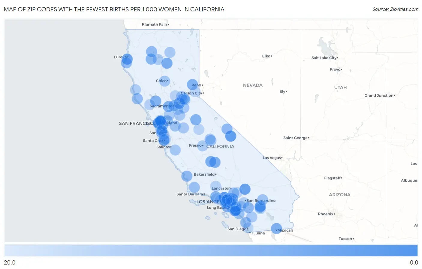 Zip Codes with the Fewest Births per 1,000 Women in California Map