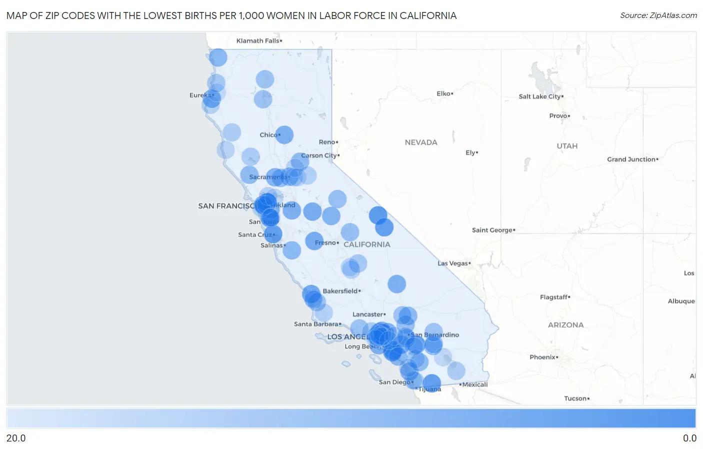 Zip Codes with the Lowest Births per 1,000 Women in Labor Force in California Map