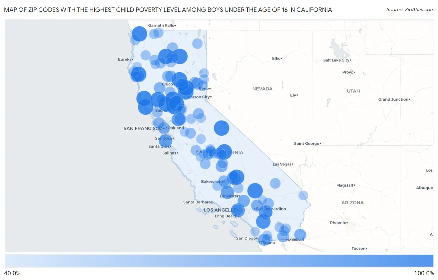 Zip Codes with the Highest Child Poverty Level Among Boys Under the Age of 16 in California Map