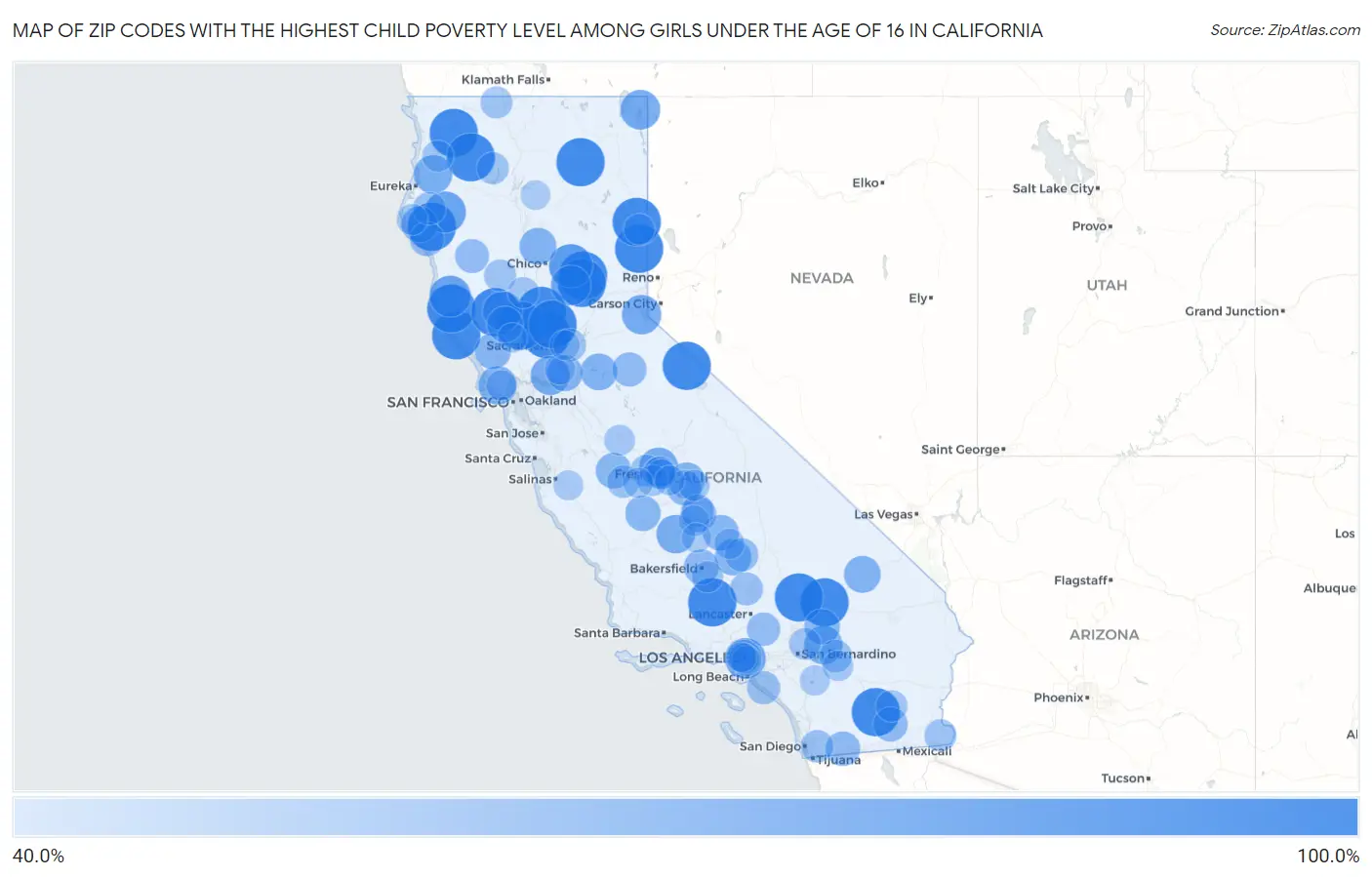 Zip Codes with the Highest Child Poverty Level Among Girls Under the Age of 16 in California Map