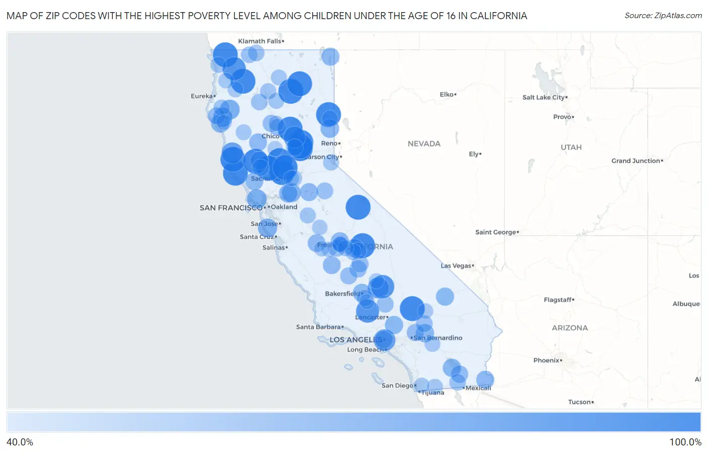 Zip Codes with the Highest Poverty Level Among Children Under the Age of 16 in California Map