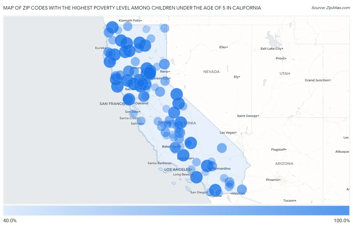Zip Codes with the Highest Poverty Level Among Children Under the Age of 5 in California Map