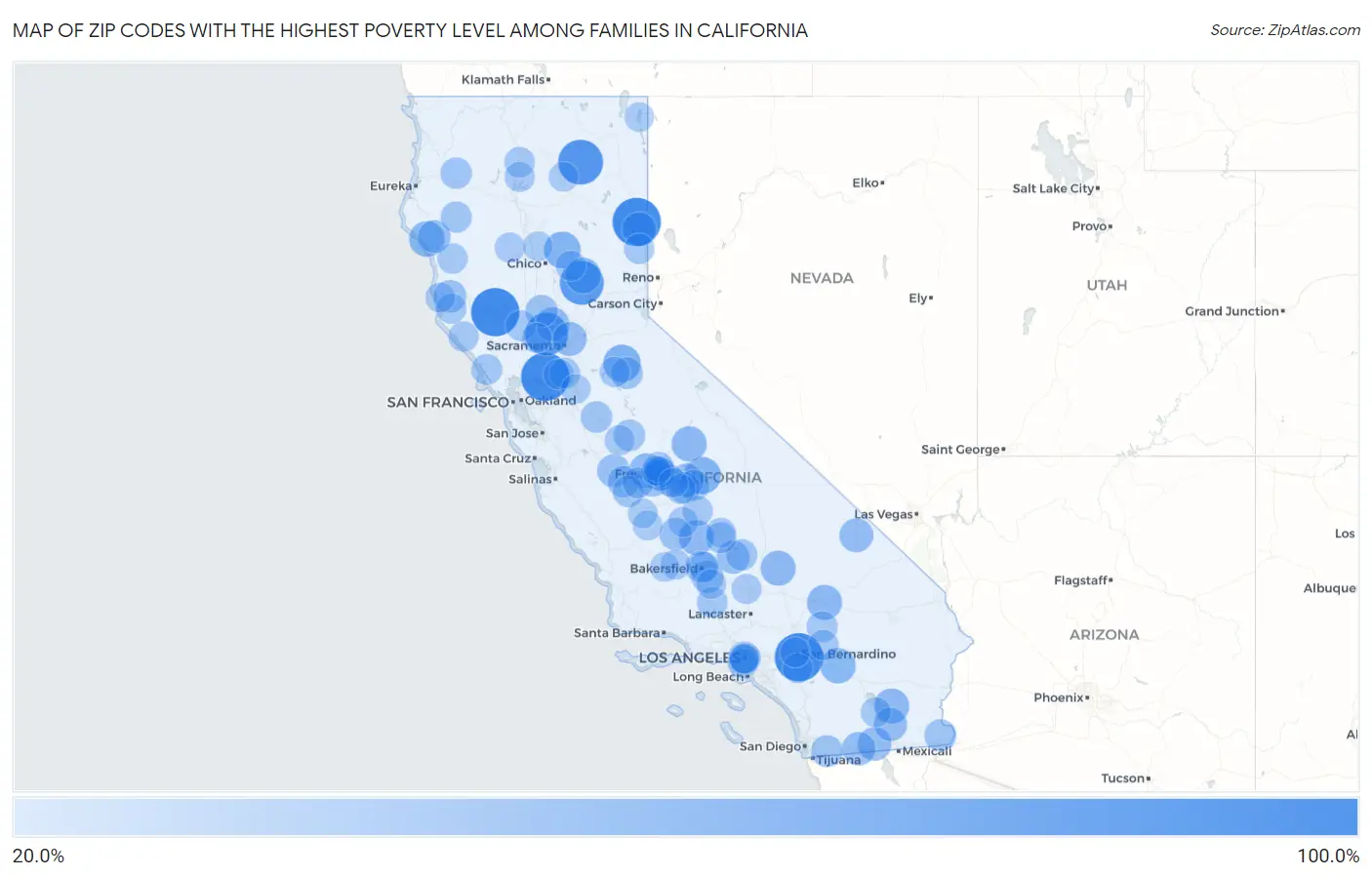 Zip Codes with the Highest Poverty Level Among Families in California Map