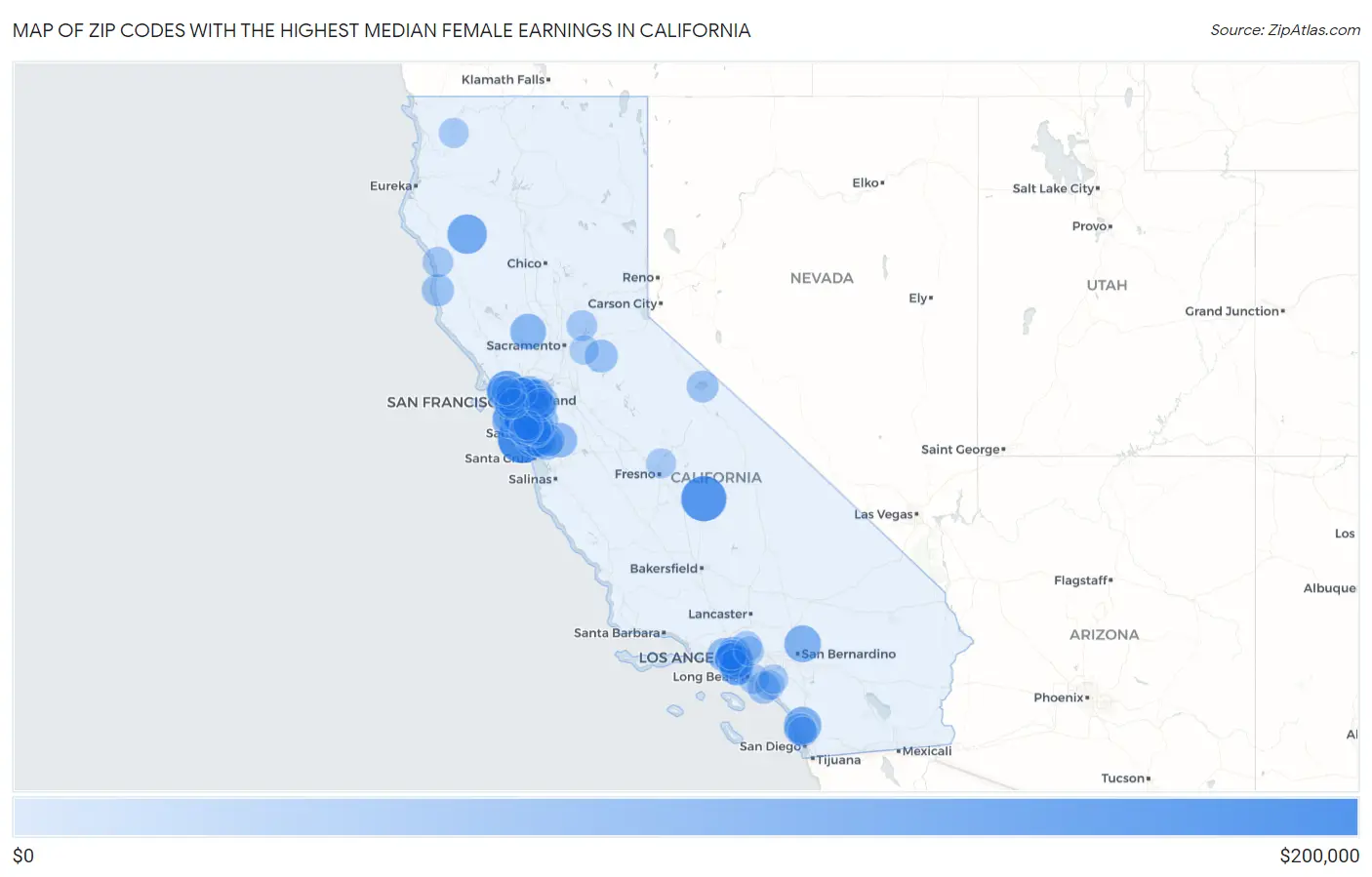 Zip Codes with the Highest Median Female Earnings in California Map