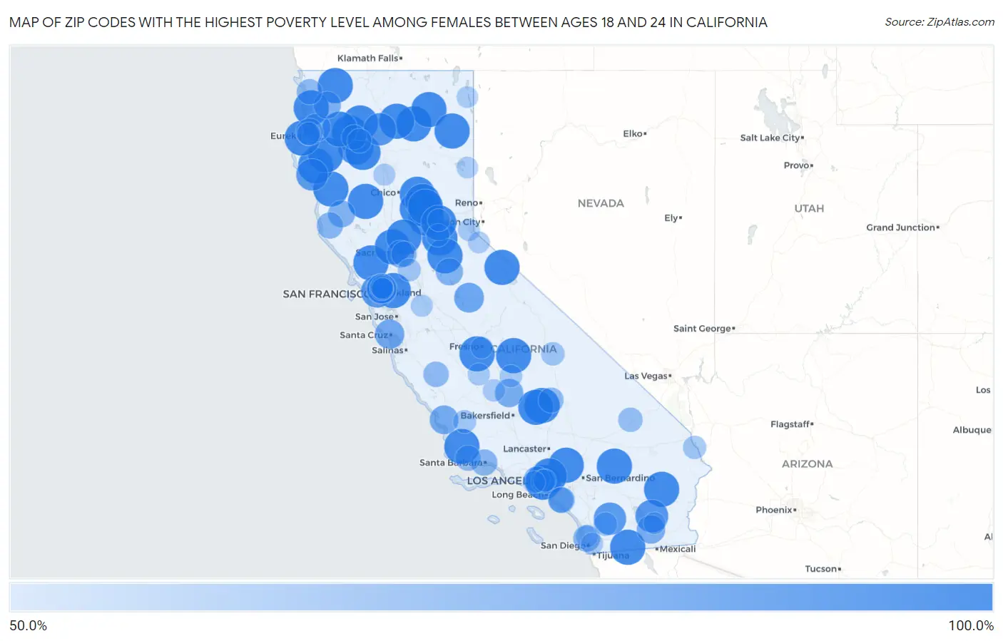 Zip Codes with the Highest Poverty Level Among Females Between Ages 18 and 24 in California Map