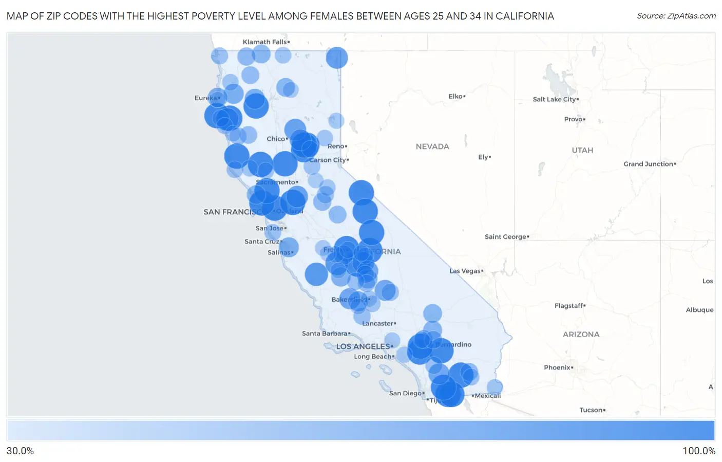 Zip Codes with the Highest Poverty Level Among Females Between Ages 25 and 34 in California Map