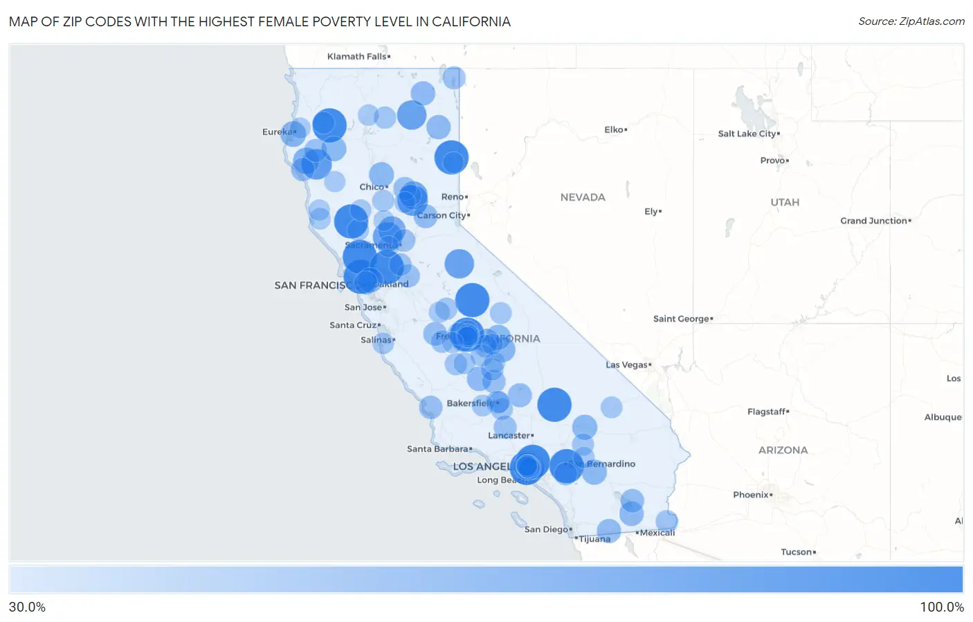 Zip Codes with the Highest Female Poverty Level in California Map