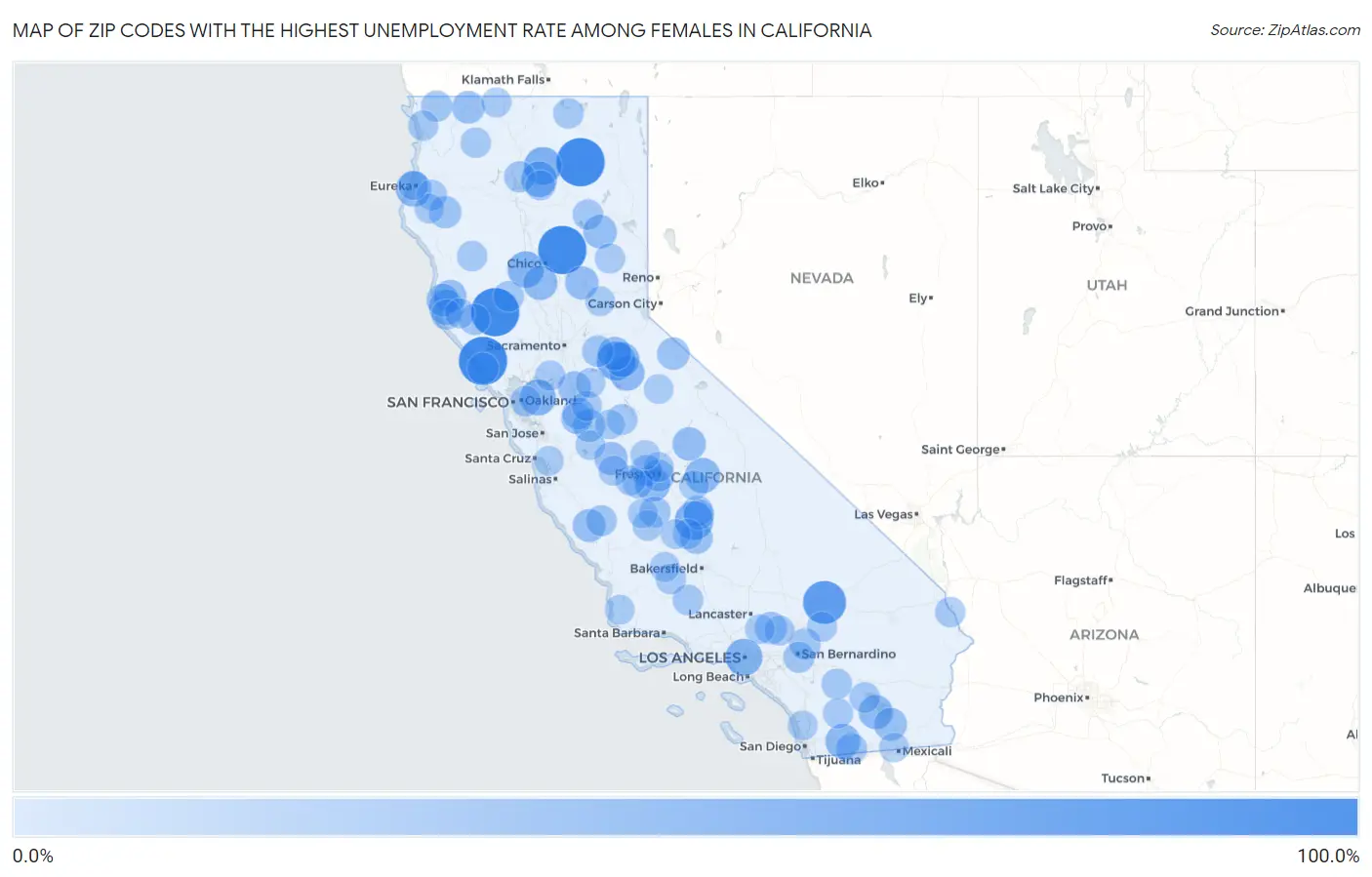 Zip Codes with the Highest Unemployment Rate Among Females in California Map
