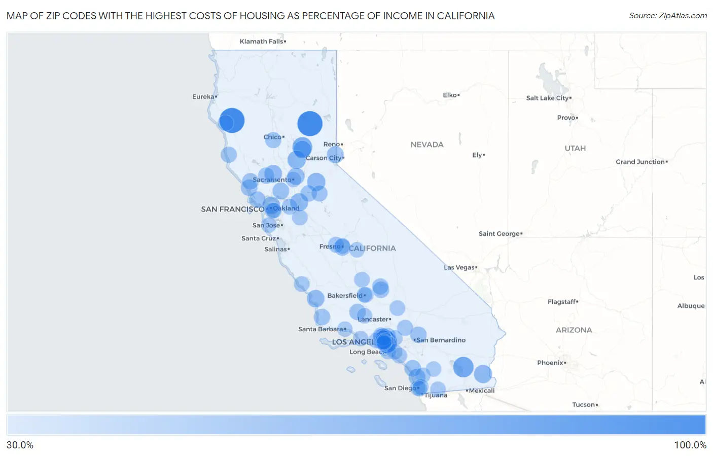 Zip Codes with the Highest Costs of Housing as Percentage of Income in California Map