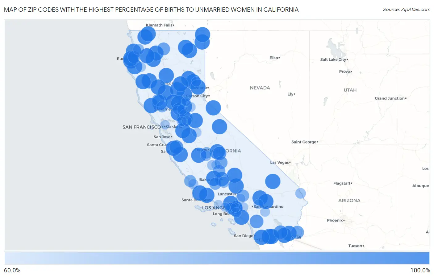 Zip Codes with the Highest Percentage of Births to Unmarried Women in California Map
