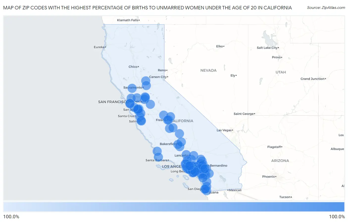Zip Codes with the Highest Percentage of Births to Unmarried Women under the Age of 20 in California Map